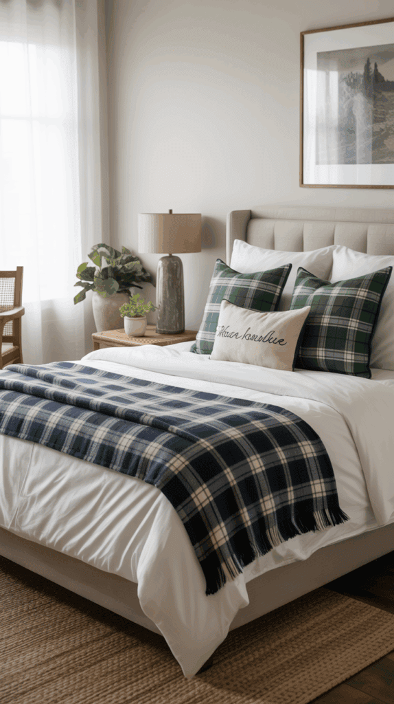 Bedroom styled with plaid throw and pillows for a Ralph Lauren heritage-inspired look