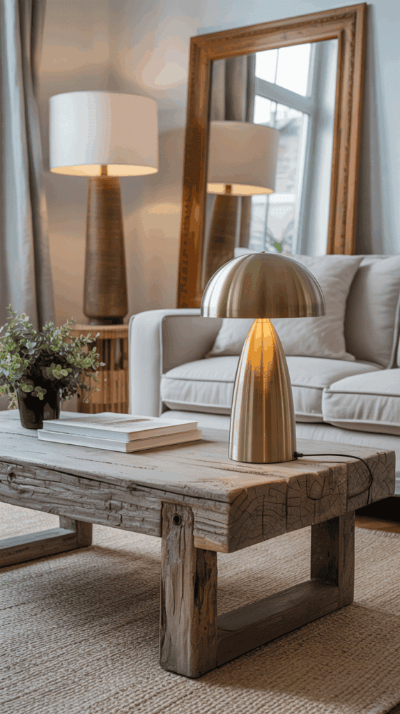 Rustic wood coffee table paired with polished accents in a Ralph Lauren–inspired room