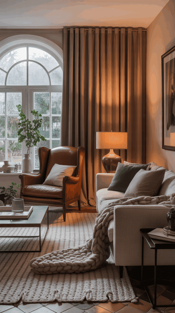 Ralph Lauren–inspired living room with luxe textures like velvet, leather, and knits