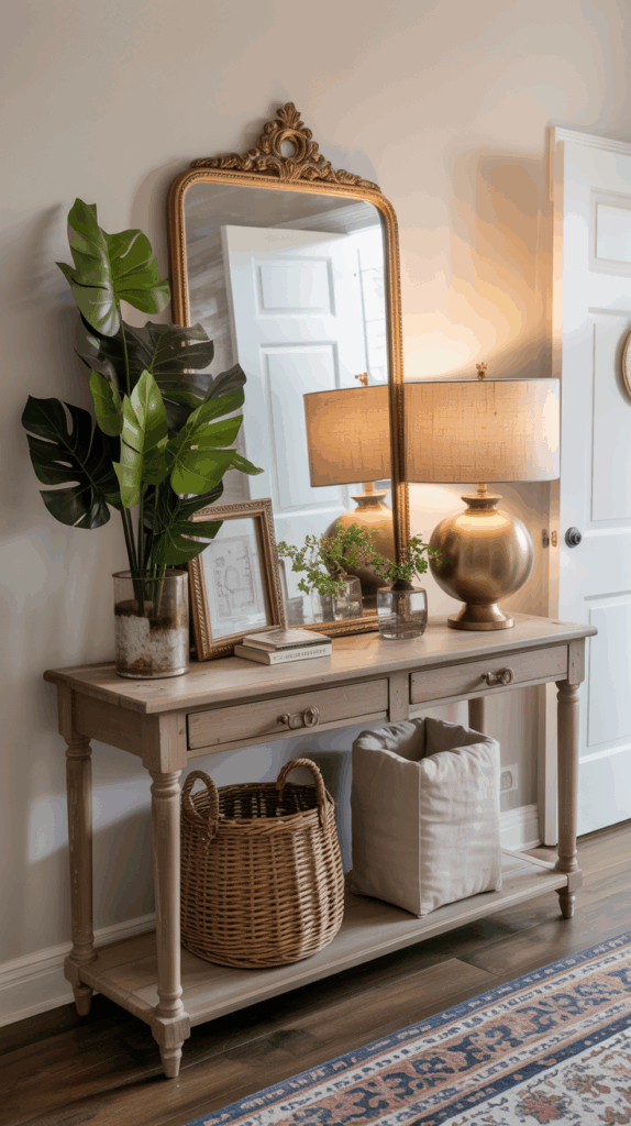 Brass accents and vintage-inspired décor creating a Ralph Lauren–style entryway.