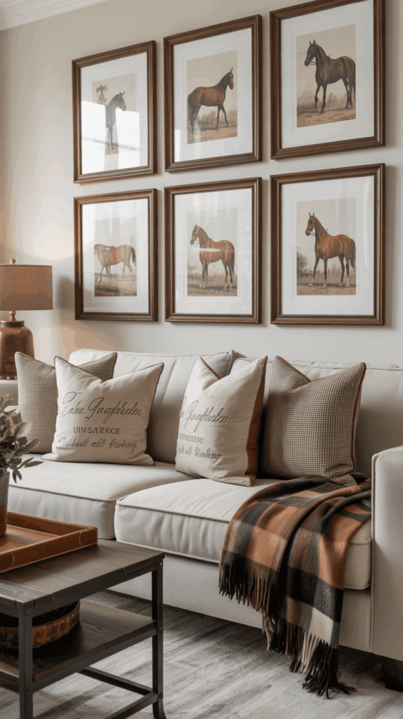Ralph Lauren–inspired equestrian décor with horse artwork and leather accents.