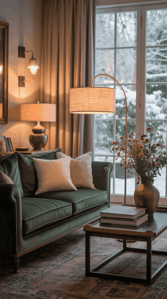 Ralph Lauren–inspired interior with layered lighting sources for warmth and texture.