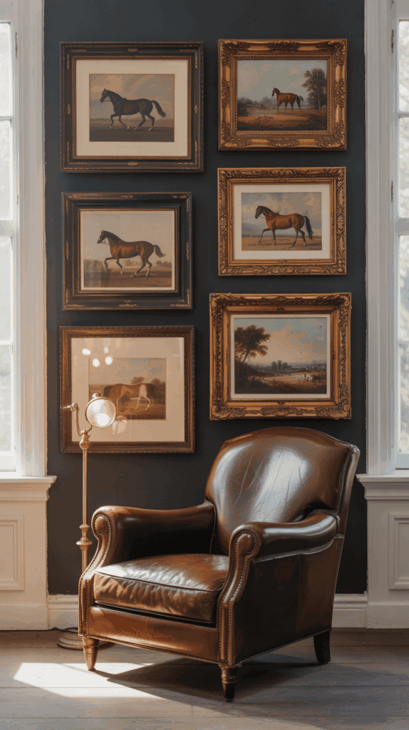 Gallery wall of vintage prints styled in a Ralph Lauren–inspired living room.
