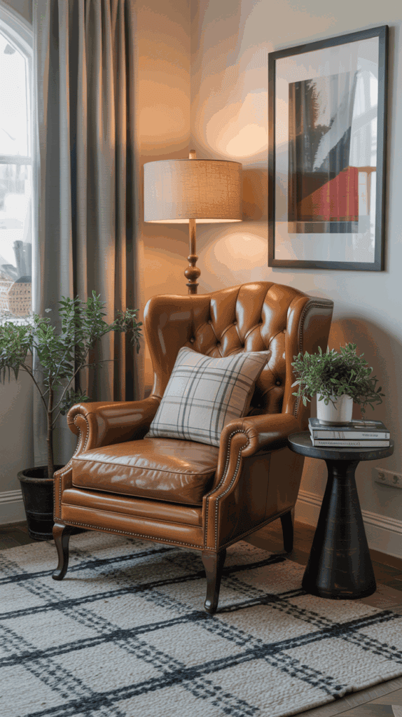Ralph Lauren–inspired room mixing high-end leather with affordable accents.