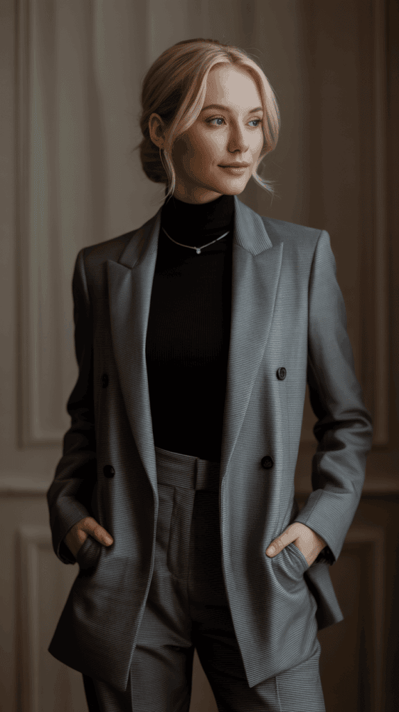Classic fall outfit with double-breasted blazer, black turtleneck, and trousers