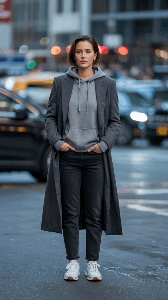 High-low fall outfit with longline coat layered over hoodie and jeans