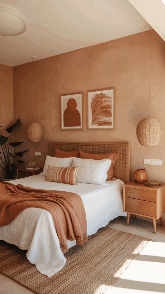 Warm terracotta bedroom with earthy tones, white bedding, and oak furniture for a cozy, sunlit vibe.