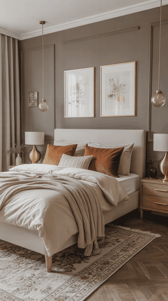 Serene taupe bedroom with caramel pillows, cream bedding, and brass lighting for a warm refined look.