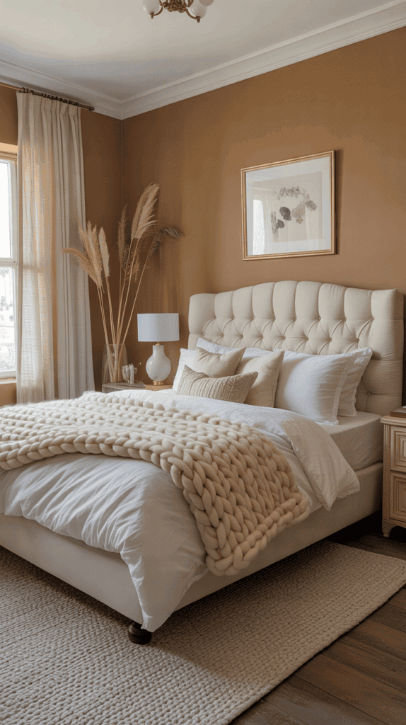 Caramel beige bedroom with cream headboard, white bedding, and knit blanket for classic warmth.