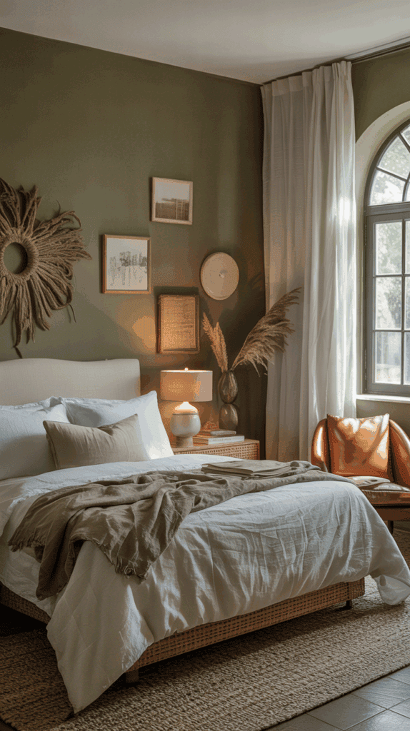 Olive green bedroom with leather chair, neutral bedding, and cream curtains for earthy warmth.