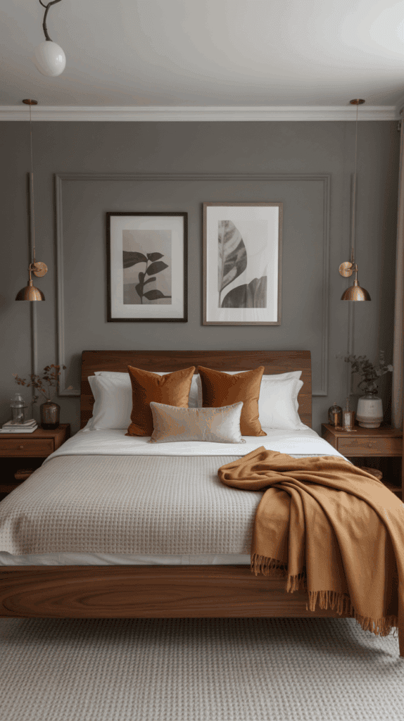Warm gray bedroom with walnut furniture, brass lamps, and ochre accents for inviting comfort.