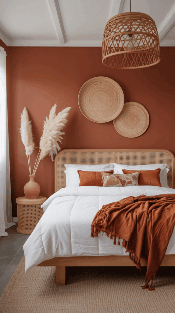 Burnt sienna bedroom with white bedding, rattan light, and terracotta decor for rustic coziness.