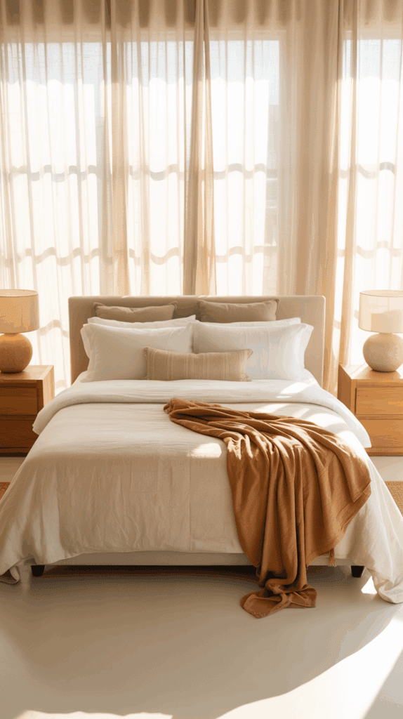 Creamy white bedroom with oak furniture, linen drapes, and warm accents for airy coziness