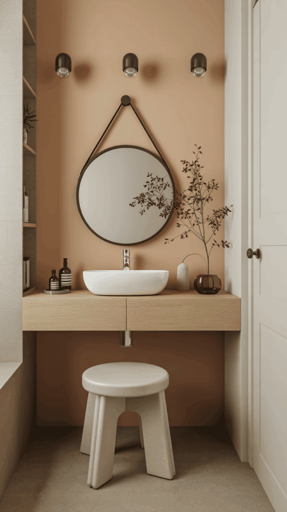A wall-mounted vanity with a slim shelf, round mirror, and simple stool.