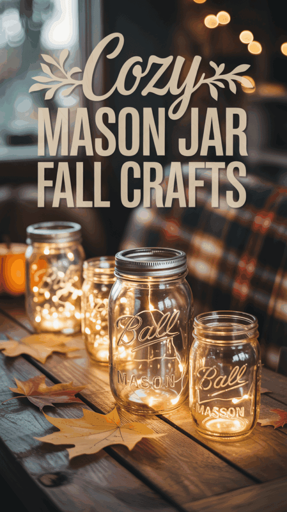 Rustic fall table decorated with glowing mason jars, fairy lights, and autumn leaves for cozy seasonal décor inspiration.