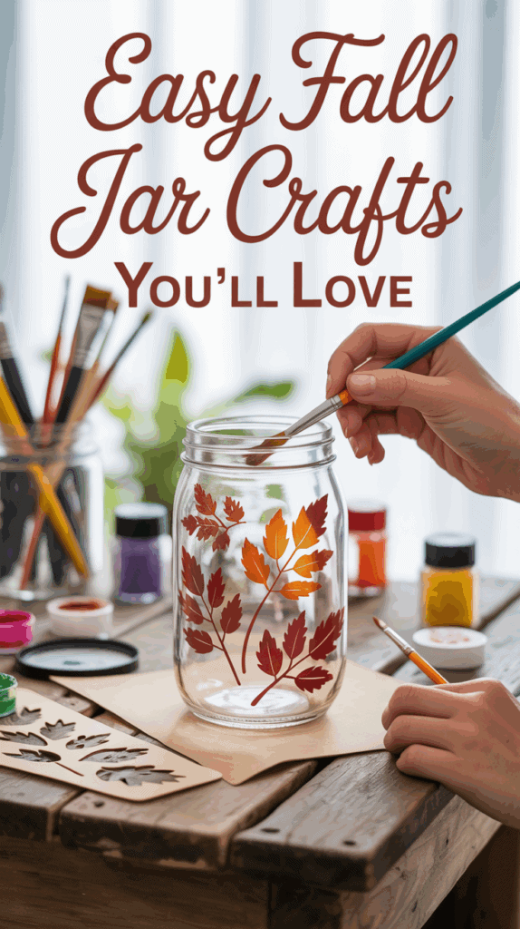 Hands painting a mason jar with autumn leaf stencils, surrounded by craft supplies and seasonal DIY tools.