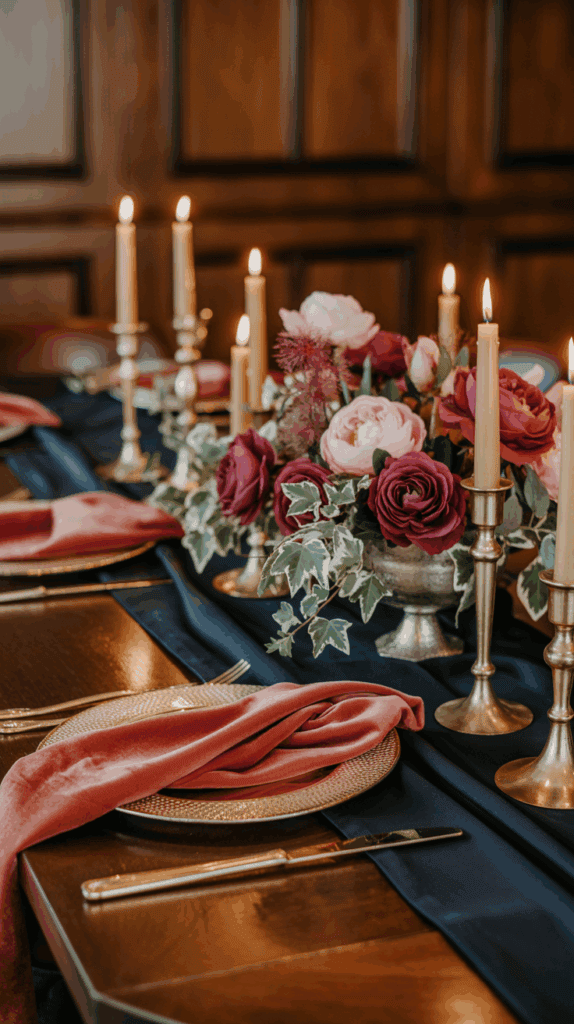 Elegant fall dining table with navy runner, velvet napkins, burgundy flowers, and brass candlesticks.
