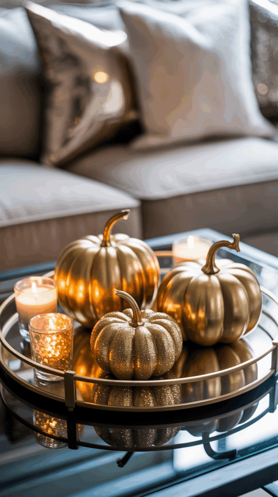 Glam fall coffee table with gold pumpkins, mirrored tray, and glittering votive candles.