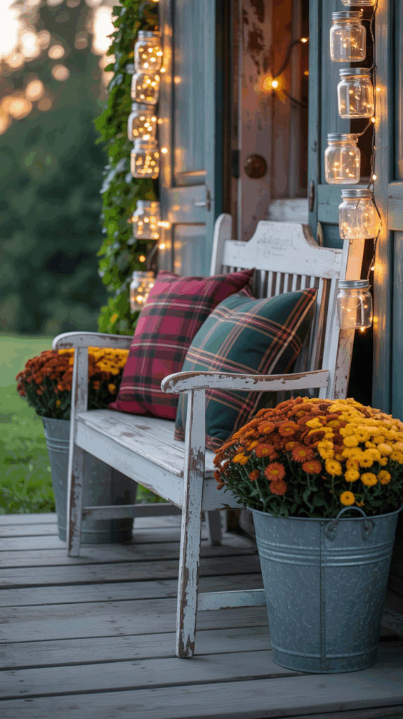 Farmhouse fall entryway with plaid pillows, mums in buckets, and glowing mason jars.