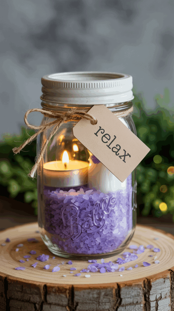 Spa day mason jar gift with bath salts, candle, and lotion tied with twine.
