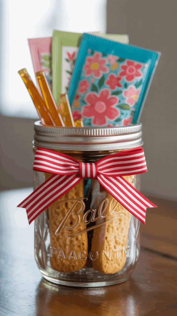 Tea lover mason jar gift with tea bags, honey sticks, and biscotti.