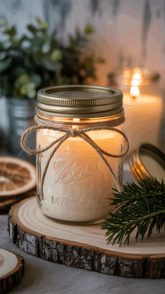 Homemade candle in mason jar with twine bow.
