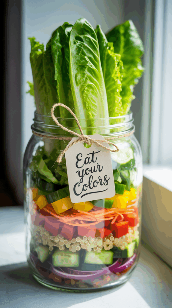 Mason jar salad layered with fresh vegetables and greens.
