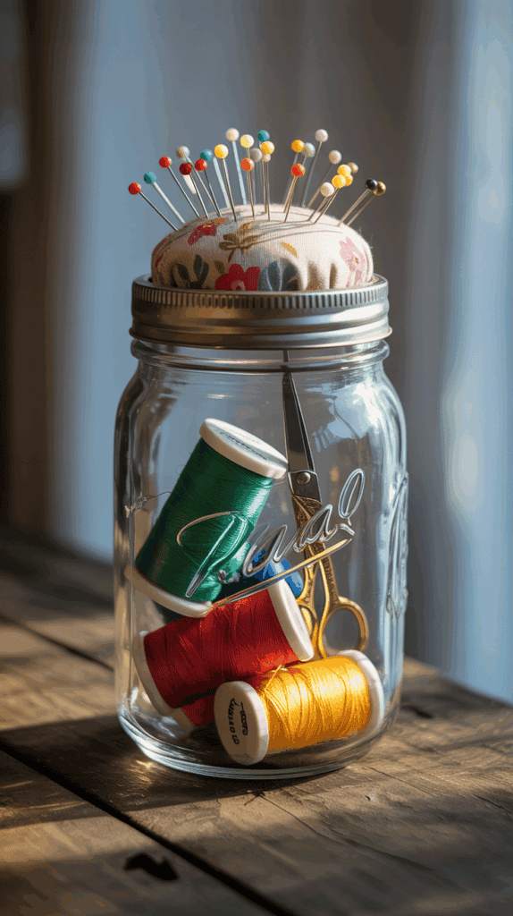 Sewing kit mason jar gift with thread, pins, and scissors.