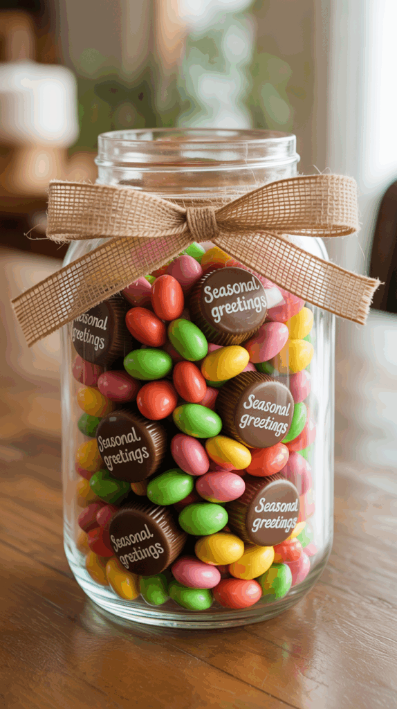 Candy mason jar gift with colorful jelly beans and ribbon