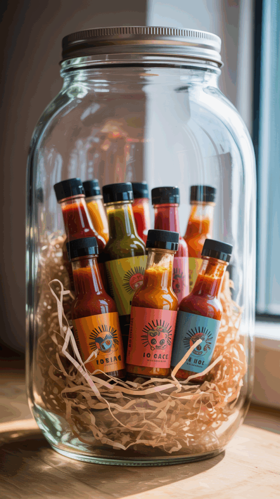 Hot sauce sampler mason jar with assorted mini bottles.