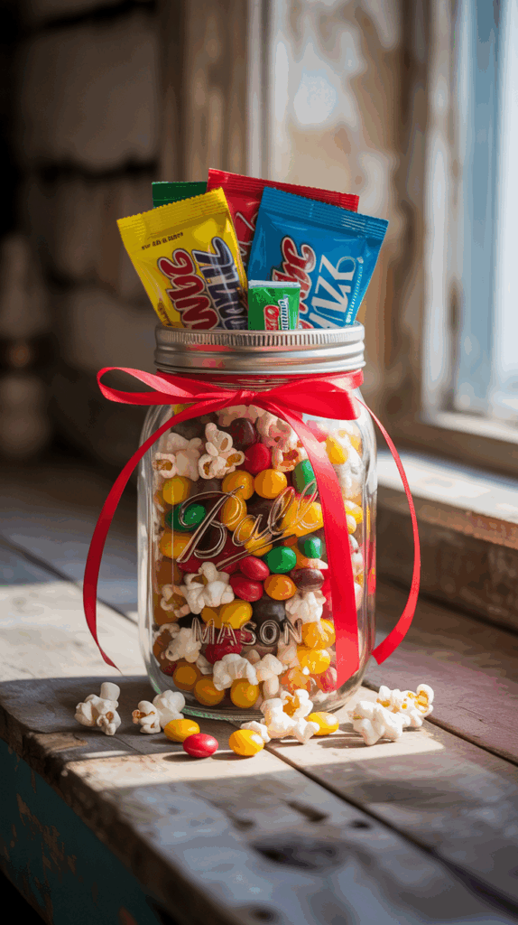 Movie night mason jar with popcorn and candy gift