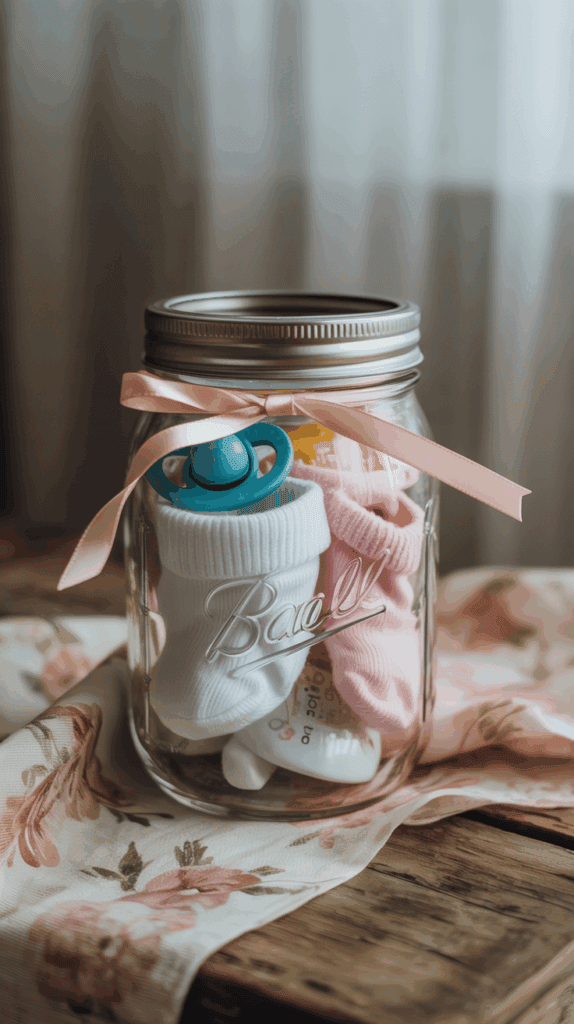 Baby shower mason jar with baby socks, pacifier, and ribbon