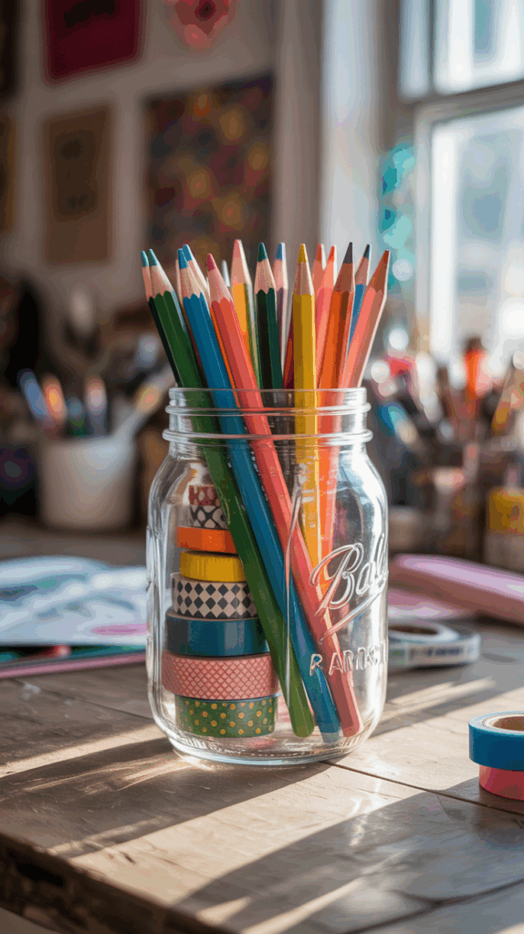 Craft supplies mason jar with pencils, washi tape, and glue sticks.
