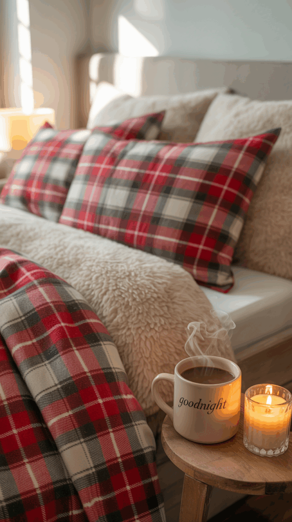 Winter bed with plaid flannel sheets and a fleece duvet styled for cozy warmth