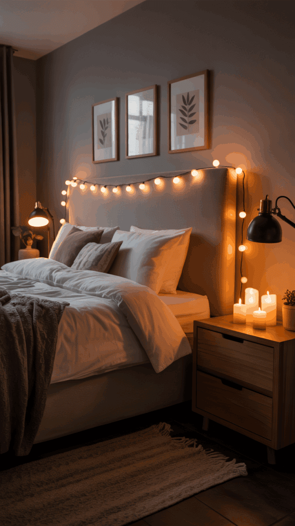 Warm ambient bedroom lighting with fairy lights and glowing candles for winter coziness