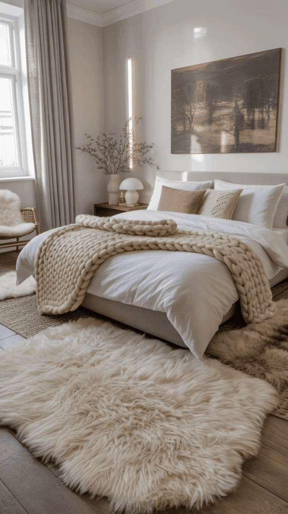 Plush cream rug and sheepskin rugs adding warmth to a cozy winter bedroom