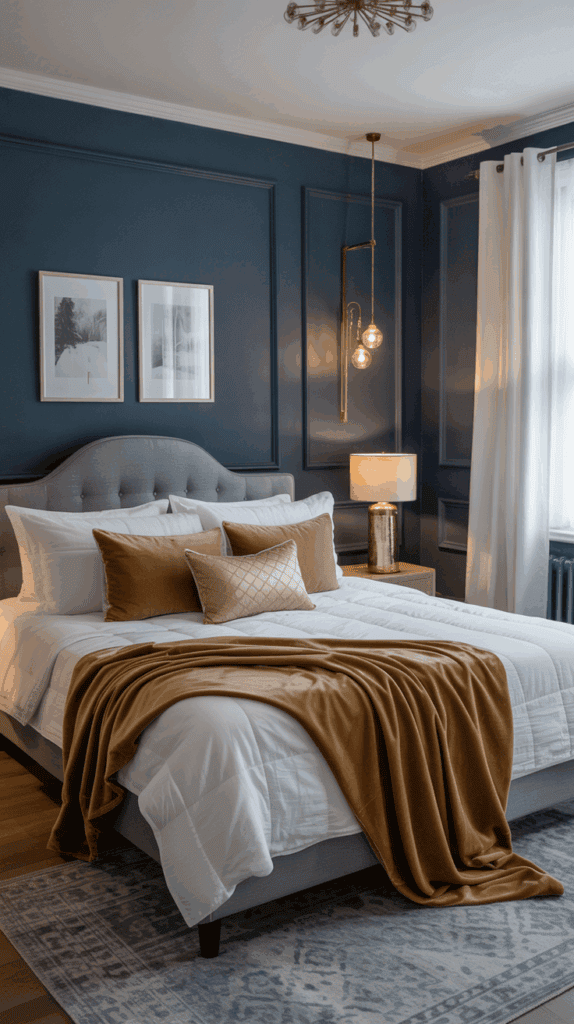 Winter bedroom with navy painted walls and gold accents for a moody, cozy look