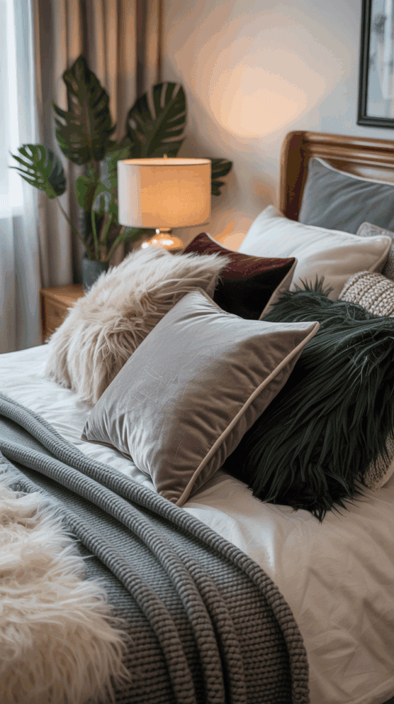 Winter bed styled with layered velvet, faux fur, and knit pillows in neutral tones