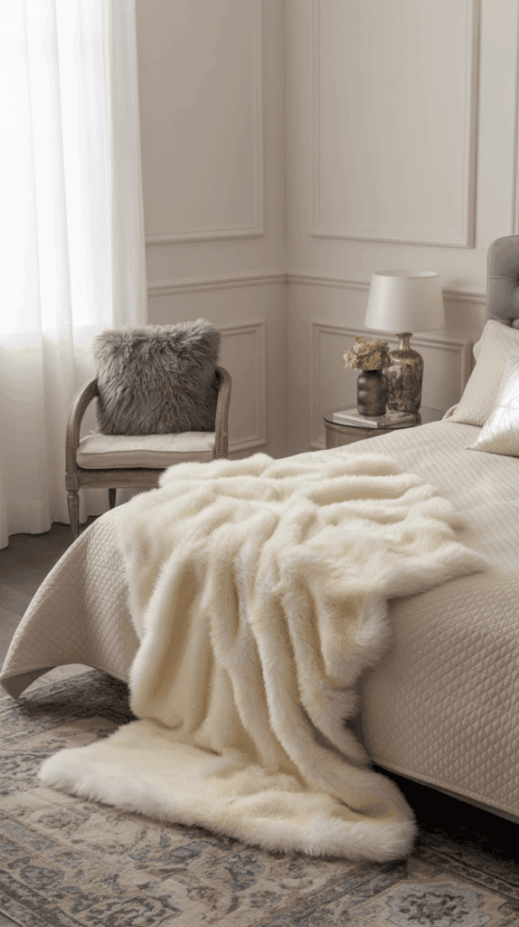 Winter bedroom with faux fur throw and fur pillow for warmth and luxury