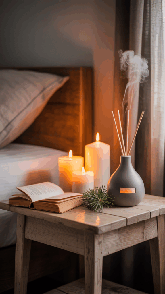Winter bedroom bedside table with seasonal candles and diffuser for cozy scents