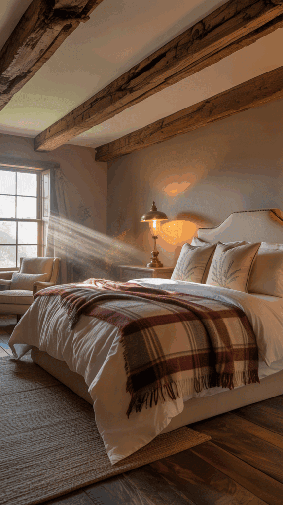 Fall bedroom with exposed wooden beams, plaid bedding, and warm lighting for a rustic farmhouse feel
