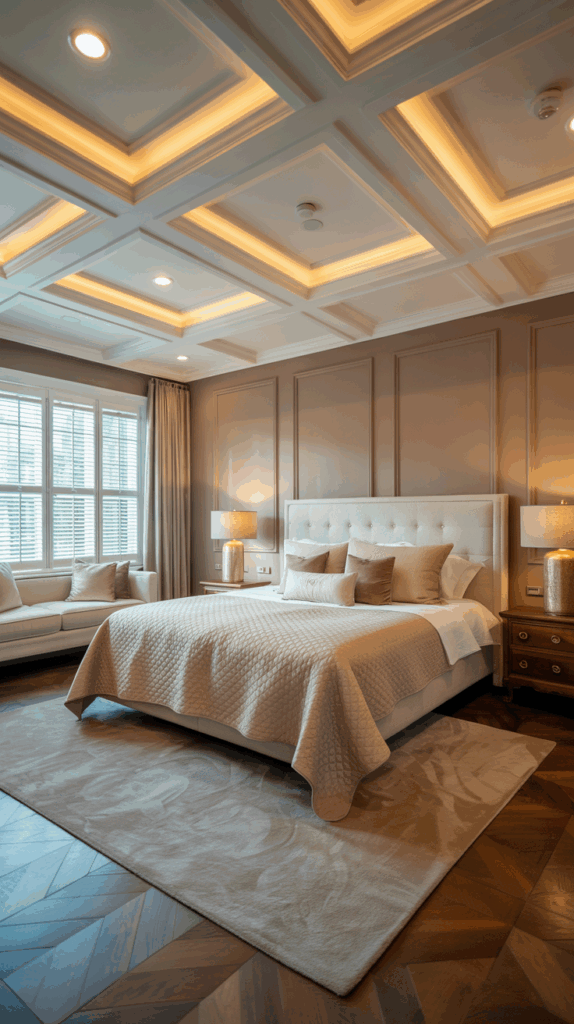 Fall bedroom with a coffered ceiling and recessed warm lighting for a soft, elegant glow