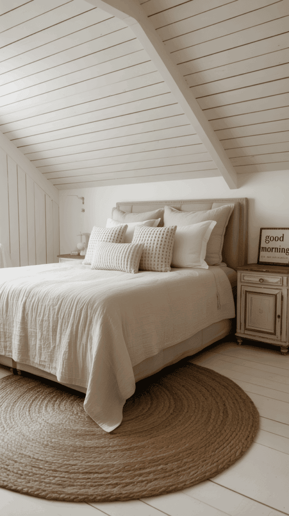 Bedroom with white shiplap ceiling, linen bedding, and rustic accents for cozy fall charm