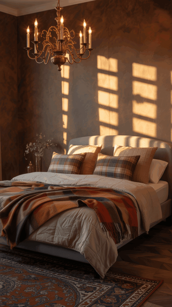 Bedroom with bronze chandelier, plaid bedding, and warm autumn-inspired décor