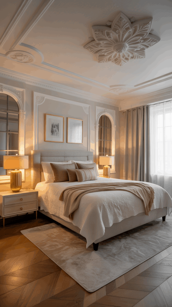 Bedroom with white ceiling molding, golden accent lighting, and neutral bedding for fall elegance