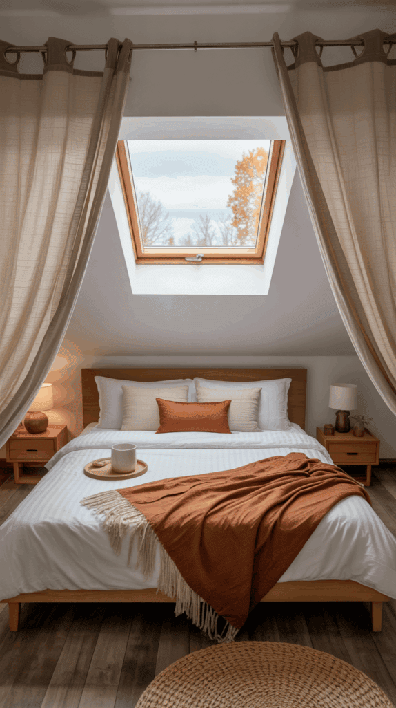 Bedroom skylight with autumn sky view, sheer curtains, and cozy bedding