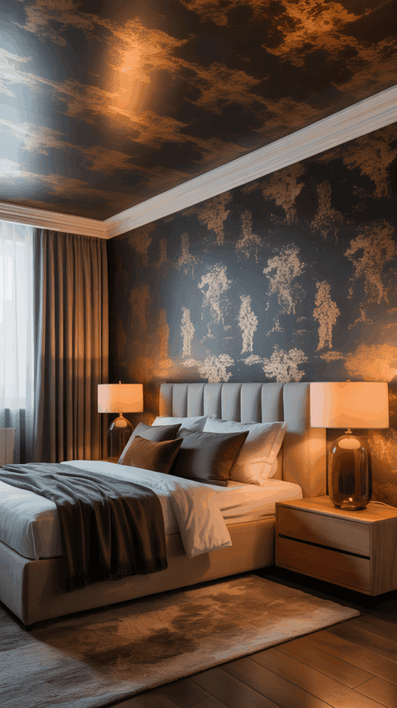 Bedroom with bronze metallic ceiling accents, amber lighting, and rustic wood furniture.