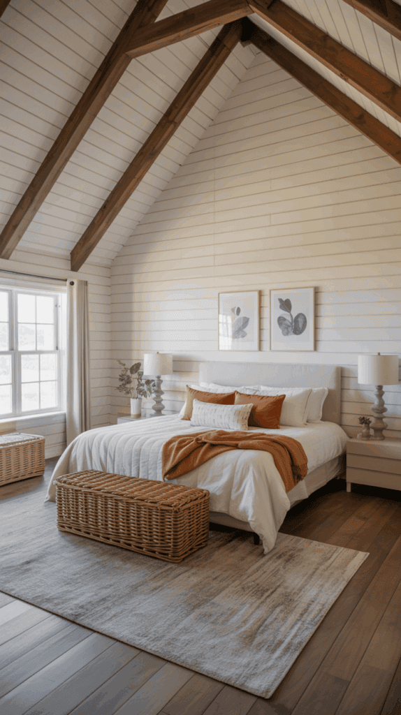 Bedroom with vaulted wood-paneled ceiling and minimal fall-inspired design