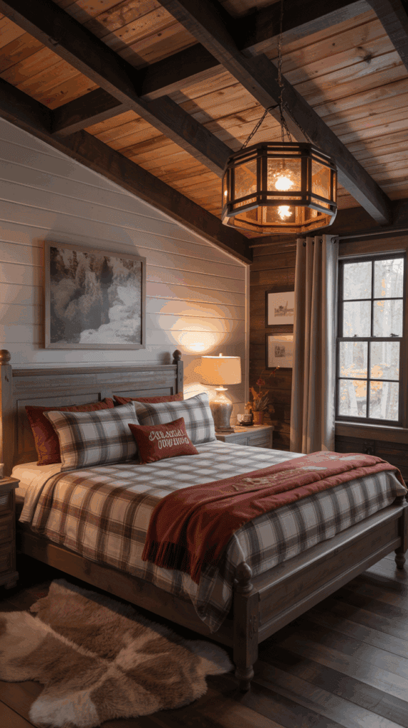 Rustic bedroom with wooden ceiling, hanging lanterns, and plaid bedding for cozy fall style