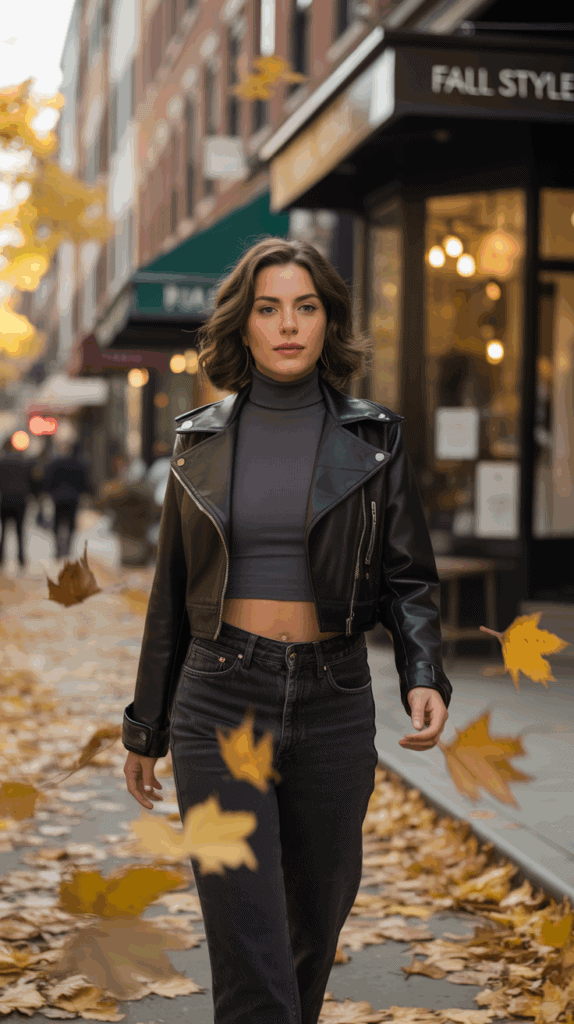 Petite woman in cropped moto jacket and high-waisted jeans styled for fall, showcasing flattering outerwear for small frames